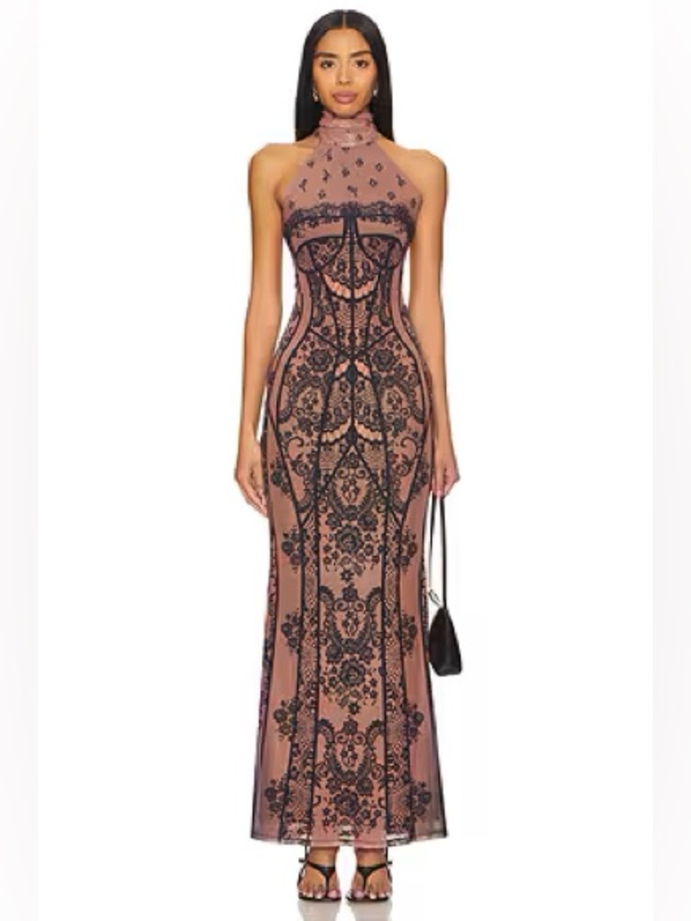 AFRM High-Neck Embroidered Mesh Maxi Dress in Mauve and Black